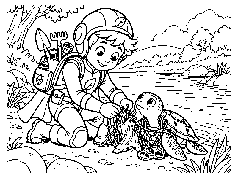 Герой помогает черепахе на берегу реки, раскраска
