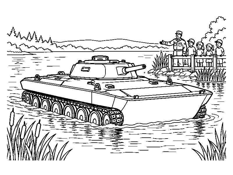 Плавающий танк на озере во время демонстрации