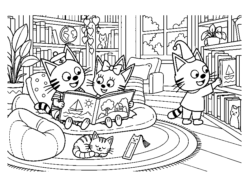 Три кота читают книгу и выбирают книги в библиотеке