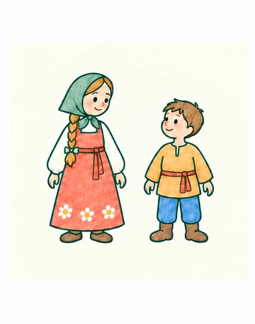 Алёнушка в коралловом сарафане и зелёном платке рядом с Иванушкой в охристой рубахе.