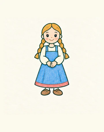 Алёнушка в синем сарафане с двумя светло-коричневыми косами.