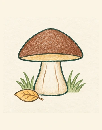 Шаг 6: коричневая шляпка, кремовая ножка, зелёная трава и жёлтый лист