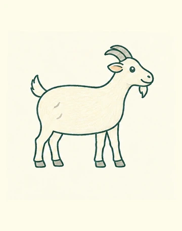 Светлая коза с серыми рогами и копытами, ушами и бородкой.