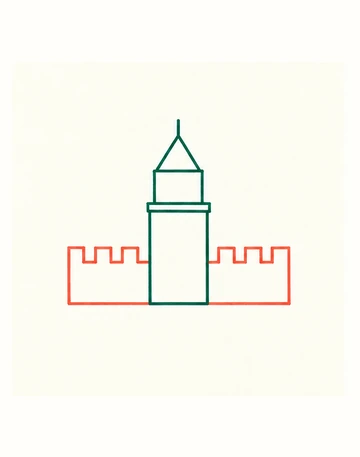 Коралловые два участка стены с выступами по бокам зелёной башни.