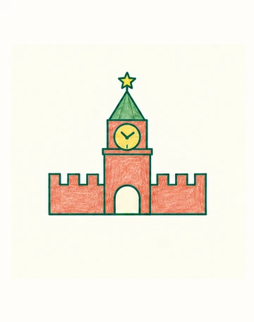 Красная кремлёвская башня с зелёной крышей, часами и звездой.