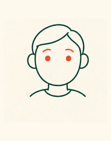 Коралловые круглые глаза и две дуги бровей на зелёном контуре лица