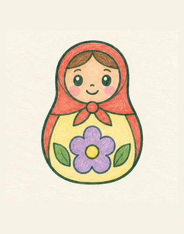 Коралловая матрёшка с жёлтой передней стороной и сиреневым цветком.