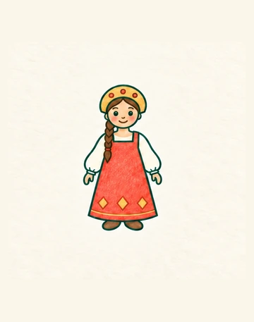 Женщина в красном сарафане, светлой рубахе и золотистом кокошнике.