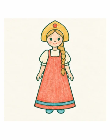 Василиса в красном сарафане, охристом кокошнике и с одной косой