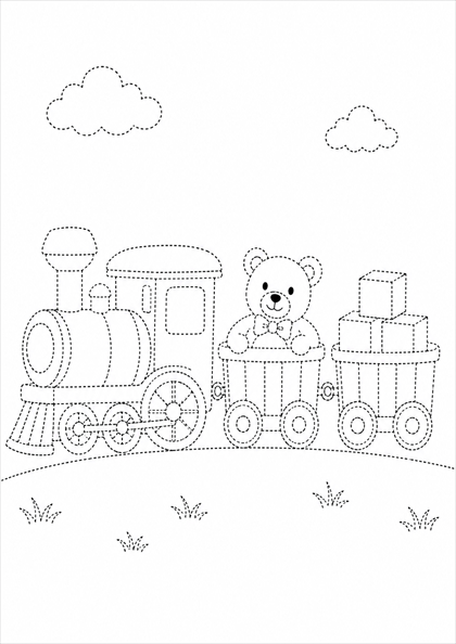 Обводилка с игрушечным поездом, мишкой и кубиками для детей 4–5 лет, PNG для печати на A4