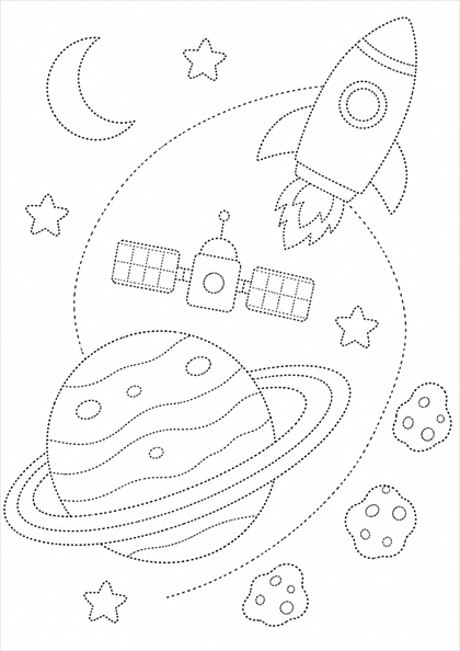 Обводилка с ракетой, планетой, спутником, луной и астероидами для детей 6–7 лет, PNG для печати на A4